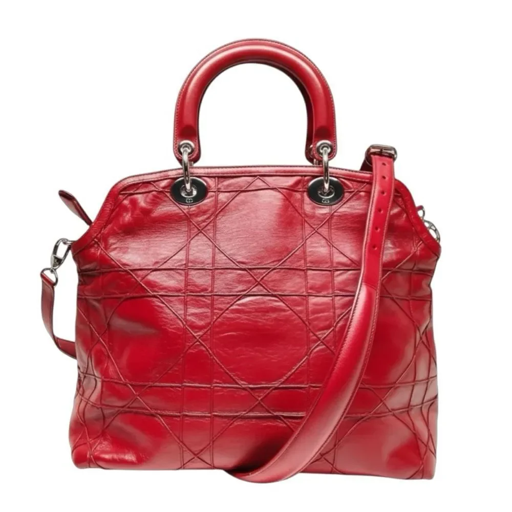 Auth Christian Dior Red Leather Cannage Medium Granville 2way Satchel Purse Bag - Picture 2 of 11